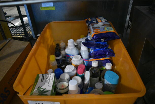 ALL ONE MONEY! Lot of Various Items Including Drug Test, Diapers and Baby Powder in Orange Bin! - Image 1 of 5
