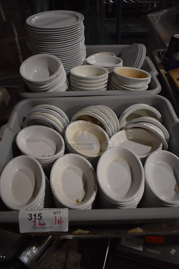 ALL ONE MONEY! Lot of 2 Gray Bus Bins of Various Poly Plates, Bowls and Dishes. Includes 9x9x1, 8x8x1, 8.5x5.5x2, 6x4.5x1