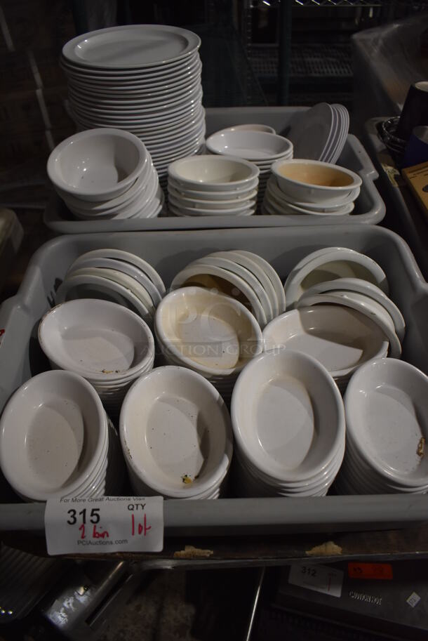 ALL ONE MONEY! Lot of 2 Gray Bus Bins of Various Poly Plates, Bowls and Dishes. Includes 9x9x1, 8x8x1, 8.5x5.5x2, 6x4.5x1 - Image 1 of 5