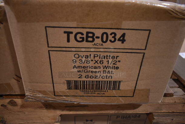 PALLET LOT of 10 Boxes of 24 BRAND NEW IN BOX! Tuxton TGB-034 Green Bay 9 3/8" x 6 1/2" Eggshell Wide Rim Rolled Edge Oval China Platter with Green Bands. 10 Times Your Bid! - Image 4 of 4