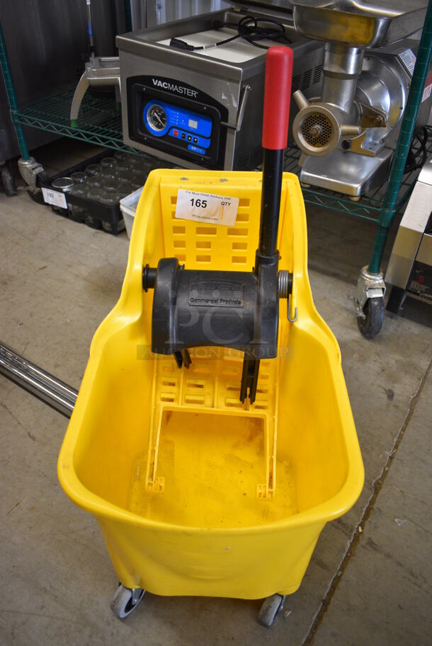 Rubbermaid Yellow Poly Mop Bucket w/ Wringing Attachment on Commercial Casters. 13x22x28