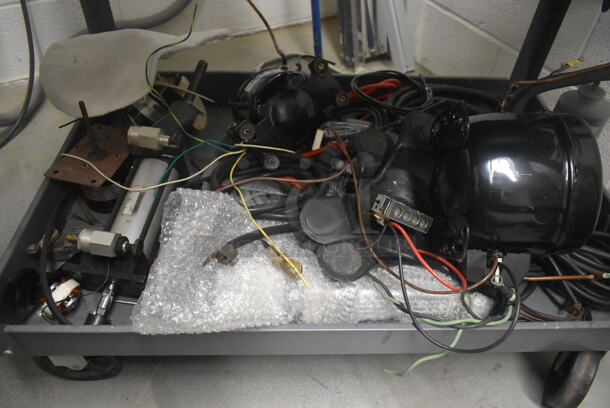 Gray Metal 2 Tier Cart w/ Contents Including Motor, Metal Pieces and Filter on Commercial Casters. - Image 6 of 7