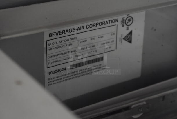 Beverage Air SPED48-18M-2 Stainless Steel Commercial Sandwich Salad Prep Table Bain Marie Mega Top w/ 2 Drawers and Door on Commercial Casters. 115 Volts, 1 Phase. Tested and Powers On But Does Not Get Cold - Image 7 of 7