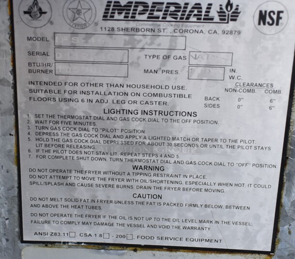 Imperial IFS-40 Stainless Steel Commercial Floor Style Natural Gas Powered Deep Fat Fryer. 105,000 BTU. - Image 6 of 6