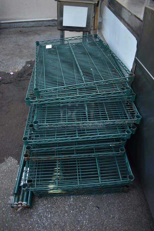 ALL ONE MONEY! Lot of 18 Green Finish Wire Shelves w/ 14 Green Finish Poles. Includes 24x36x1.5 - Image 2 of 5