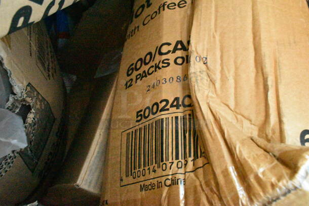 20 BRAND NEW Boxes Including 5002BNAPNAT EcoChoice 2-Ply Natural Kraft Beverage / Cocktail Napkin - 3000/Case, Dart 72HT1 7" x 4" x 2" White Foam Hinged Lid Hot Dog Container - 500/Case, 760V32 Carnival King 32 oz. Popcorn Cup - 500/Case, 50024C Choice 24 oz. Coffee Print Poly Paper Hot Cup - 600/Case, Dart 16LCDHX Clear PET Dome Lid with 2" Hole - 1000/Case, 347BP6BK Choice 6" Black Plastic Plate - 1000/Case. 20 Times Your Bid! - Image 5 of 12