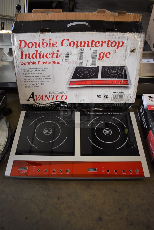 BRAND NEW IN BOX! Avantco 177IC18DB Stainless Steel Commercial Countertop Electric Powered Double Burner Induction Range. 120 Volts, 1 Phase. 26x15.5x3. Tested and Working!