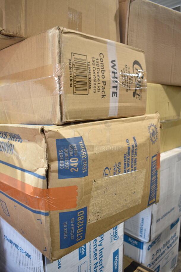 PALLET LOT of 42 BRAND NEW Boxes Including 127CH12F Choice 12 oz. Clear RPET Tall Hinged Deli Container - 200/Case, 966TALLFLDB Choice White Tall-Fold 6" x 13" Dispenser Napkin - 8000/Case, 15909144 Araven 09144 ColorClip 6 Gallon / 96 Cup Polypropylene Light-Duty Shelf Ingredient Bin, 8 Box 612W65 Choice Insulated Foil Sandwich Wrap Sheets 14" x 16" - 1000/Case, 5002CPTEC Lavex 2-Ply White Center Pull Economy Paper Towel Roll, 500 Sheets / Roll - 6/Case, 5002CPTENAT Lavex 2-Ply Natural Kraft Center Pull Paper Towel 510' Roll - 6/Case, Visions Stemless White Plastic Glasses, Dinex DX11870174 Clear Dome Disposable Lid for Dinex DXSWC6 6 oz. Clear Tulip Bowls, Dinex DXSWC8 8 oz. Clear Tulip Bowls, Carlisle 4531 5 oz. Tulip Dish, and Carlisle 4535 8 oz. Clear Tulip Bowls - 1000/Case, 245CB10 Choice 10" x 10" x 2" White Customizable Corrugated Plain Pizza Box - 50/Bundle, 2 Box 966UPWIDEKFT-500 OneUp by Choice Kraft 2-Ply Wide Interfold 6 1/2" x 8 1/2" Dispenser Napkin - 6000/Case. 42 Times Your Bid! - Image 11 of 12