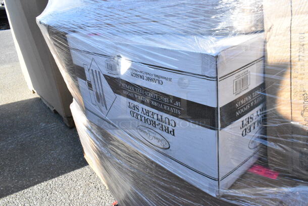 32 BRAND NEW Boxes Including 5013858 Lavex Hercules 55 Gallon 2 Mil 38" x 58" Low Density Heavy-Duty Black Can Liner / Trash Bag - 50/Case, 2 Box 347RPBD6WHSV Visions 6" White Plastic Plate with Silver Bands - 150/Case, 129MCR16B Choice 16 oz. Black 6 1/4" Round Microwavable Heavy Weight Container with Lid - 150/Case, 129MCS28B Choice 28 oz. Black Rectangular Microwavable Heavy Weight Container with Lid 8 3/4" x 6 1/4" x 1 3/4" - 150/Case, 612613245HD Choice Half Size Heavy-Duty Foil Steam Pan Deep 2 9/16" Depth - 100/Case, 500CC20PLA EcoChoice 20 oz. PLA Compostable Plastic Cold Cup - 600/Case, 395RP10CPF EcoChoice No PFAS Added 10" Natural Bagasse Blend 3 Compartment Plate - 500/Case, 24510PIZZAPAD Choice Single Face Corrugated Pizza Pad - 10" x 10" - 200/Case, 500MFT Lavex Natural Brown Kraft M-Fold (Multifold) Towel - 4000/Case, 394EN403L Noble Products Nitrile 3.5 Mil Thick Black All-Purpose Powder-Free Disposable Gloves - 1000/Case, 2 Box 433NHT109 Choice 1/6 Standard Size Beige "Thank You" Script Heavy-Duty Plastic T-Shirt Bag - 600/Case, 347RPBD10WHS Visions 10" White Plastic Plate with Silver Bands - 120/Case, 129MCR32W Choice 32 oz. White 7 1/4" Round Microwavable Heavy Weight Container with Lid - 150/Case, Dart 8J8 8 oz. White Customizable Foam Cup - 1000/Case. 32 Times Your Bid!  - Image 4 of 12
