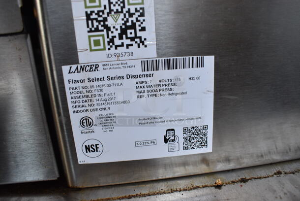 2017 Lancer Model FS30 Stainless Steel Commercial Countertop 16 Flavor Carbonated Beverage Machine on Stainless Steel Soda Station w/ 5 Cup Dispensers and 2 Doors. 115 Volts, 1 Phase. 36x43x75 - Image 8 of 8