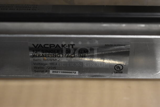 BRAND NEW SCRATCH AND DENT! Vacpak-it 186WM12 Stainless Steel Commercial Countertop 12" Single Roll Film Wrapping Machine. 115 Volts, 1 Phase.  Tested and Working! - Image 4 of 5