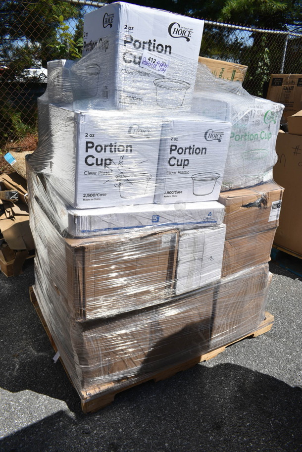 PALLET LOT of 29 BRAND NEW Boxes Including 3 Box 127P2C Choice 2 oz Portion Cups, 5002DNAPBLK Choice 15" x 17" Black Customizable 2-Ply Paper Dinner Napkin - 1000/Case, 130BKFKSNSPH Choice Black Heavy Weight Wrapped Plastic Cutlery Pack with Napkin and Salt and Pepper Packets - 500/Case, 129MCR333CB Choice 33 oz. Black 9" Round 3-Compartment Microwavable Heavy Weight Container with Lid - 150/Case, 128HD8COMBO Choice Heavy Duty 8 oz. Microwavable Translucent Plastic Deli Container and Lid Combo Pack - 240/Case, 485UPJ7BLSTR EcoChoice 7 3/4" Blue Stripe Jumbo Unwrapped Paper Straw - 4800/Case, 128HD8BULK Choice Heavy Duty 8 oz. Microwavable Translucent Plastic Deli Container - 480/Case, 2 Box 129MCS28B Choice 28 oz. Black Rectangular Microwavable Heavy Weight Container with Lid 8 3/4" x 6 1/4" x 1 3/4" - 150/Case, 127P250B Choice 2.5 oz. Black Plastic Souffle Cup / Portion Cup - 2500/Case, 130WHSPOONH Spoons. 29 Times Your Bid!  - Image 1 of 12