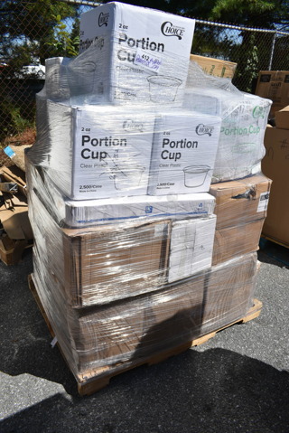 PALLET LOT of 29 BRAND NEW Boxes Including 3 Box 127P2C Choice 2 oz Portion Cups, 5002DNAPBLK Choice 15" x 17" Black Customizable 2-Ply Paper Dinner Napkin - 1000/Case, 130BKFKSNSPH Choice Black Heavy Weight Wrapped Plastic Cutlery Pack with Napkin and Salt and Pepper Packets - 500/Case, 129MCR333CB Choice 33 oz. Black 9" Round 3-Compartment Microwavable Heavy Weight Container with Lid - 150/Case, 128HD8COMBO Choice Heavy Duty 8 oz. Microwavable Translucent Plastic Deli Container and Lid Combo Pack - 240/Case, 485UPJ7BLSTR EcoChoice 7 3/4" Blue Stripe Jumbo Unwrapped Paper Straw - 4800/Case, 128HD8BULK Choice Heavy Duty 8 oz. Microwavable Translucent Plastic Deli Container - 480/Case, 2 Box 129MCS28B Choice 28 oz. Black Rectangular Microwavable Heavy Weight Container with Lid 8 3/4" x 6 1/4" x 1 3/4" - 150/Case, 127P250B Choice 2.5 oz. Black Plastic Souffle Cup / Portion Cup - 2500/Case, 130WHSPOONH Spoons. 29 Times Your Bid! 