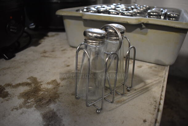 ALL ONE MONEY! Lot of 16 Metal Salt / Pepper Shaker Holders w/ 2 Shakers Each in Gray Poly Bus Bin. 4.5x3x5 - Image 3 of 3