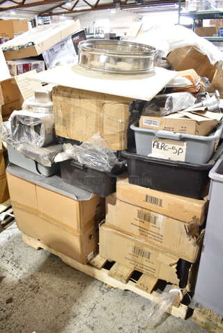 PALLET LOT of 25 BRAND NEW Items/Boxes Including 2 Boxes Winco UC-3019G 3 Level Plastic Utility Cart w/ 400 lb Capacity, Raised Ledges, Winco APL-12 Sizzle Platter, Winco INSC-7M 7 Quart Inset Cover, Winco POP-8B Popcorn Popper, Winco FFT-1826 Sheet Tray, Winco SPJM-404 Stainless Steel Drop In Bins, Winco KBG-29 Triple Zip Knife Bag, Winco Roaster Pan. 25 Times Your Bid!