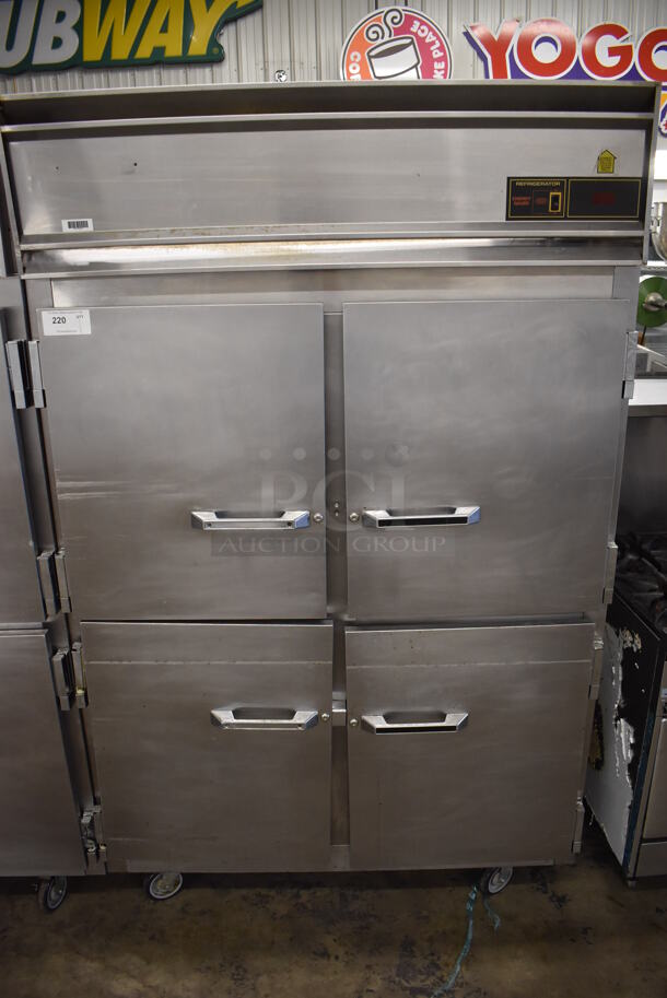 Victory Stainless Steel Commercial 4 Half Size Door Reach In Cooler w/ Poly Coated Racks on Commercial Casters. 52x36x84. Tested and Powers On But Does Not Get Cold