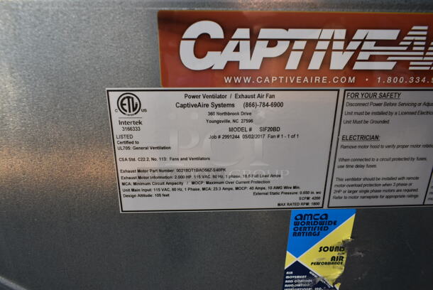 2017 CaptiveAire SIF20BD Metal Commercial Blower.  - Image 7 of 7