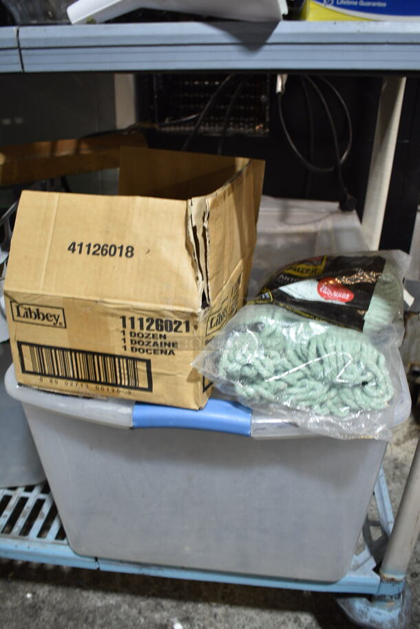 ALL ONE MONEY! Two Tier Lot of Various Items Including Poly Bins, Glasses, Satellite Server, Dish Caddy, Funnel, Bagel Saber, Mop Head. - Image 8 of 11
