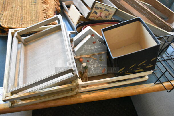 Wall Mount Table w/ Contents Including Baskets and Decor. BUYER MUST REMOVE: Bring Tools and Manpower Needed To Remove This Item. (booth room)  - Image 7 of 9
