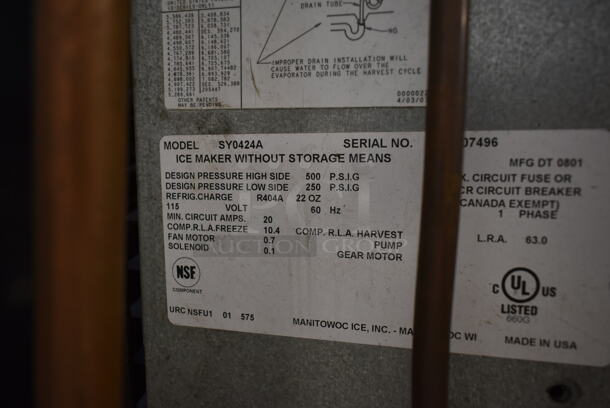 Manitowoc SY0424A Stainless Steel Commercial Ice Head on Bin. 115 Volts, 1 Phase. - Image 6 of 7