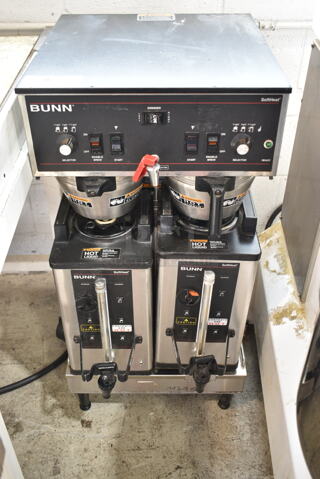 Bunn DUAL SH Stainless Steel Commercial Countertop Double Coffee Machine w/ Hot Water Dispenser, 2 Satellite Servers and 2 Metal Brew Baskets. 120/240 Volts, 1 Phase.