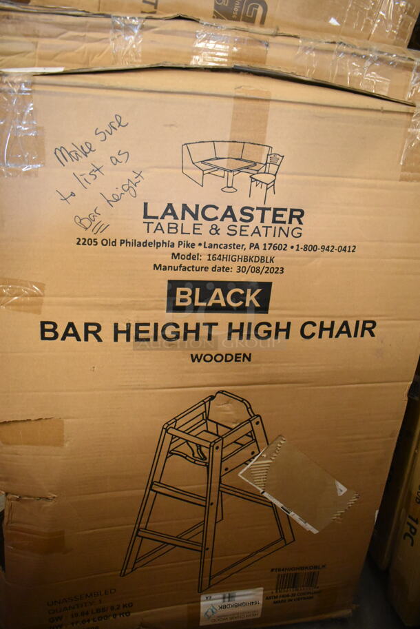 BRAND NEW SCRATCH AND DENT! Lancaster Table & Seating 164HIGHBKDBLK Black Wooden Bar Height High Chair. Unassembled.