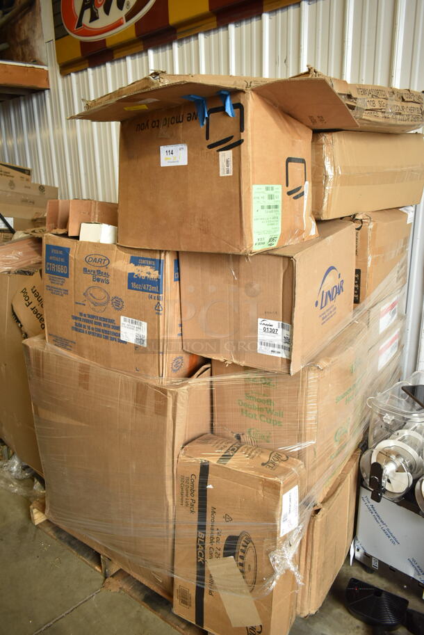 PALLET LOT of 25 BRAND NEW Boxes Including Eagle Group HSR-24 Spec-Bar 24" Stainless Steel Single Tier Removable Hanging Speed Rail, CTR16BD Dart SafeSeal 16 oz. Plastic Tamper-Resistant, Tamper-Evident Bowl with Dome Lid - 240/Case, 3 Box 34930RTCB Lancaster Table & Seating 30" Laminated Round Table Top Reversible Cherry / Black, 12 oz Smooth Wall Hot Cups, 129MCR24B Choice 24 oz. Black Round Microwavable Heavy Weight Container with Lid 7 1/4" - 150/Case, 3M 3100 20" Aqua Burnishing Floor Pad - 5/Case. 25 Times Your Bid!  - Image 1 of 7