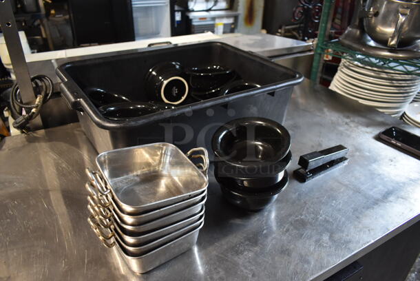 ALL ONE MONEY! Lot of Metal Bins and Black Ramekins in Black Poly Bus Bin - Image 2 of 4
