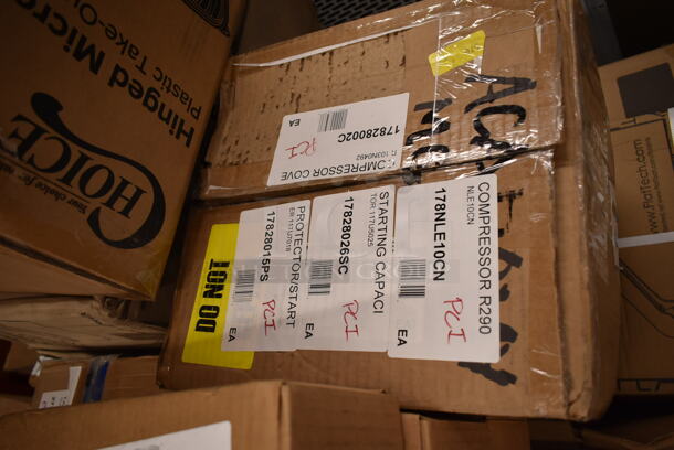 PALLET LOT OF 32 BRAND NEW Boxes Including 2 Box Choice Oblong Plastic Dome Lid, 347RP6WHGLD Visions 6" White Plastic Plate with Gold Lattice Design - 150/Case, 2 Box Choice Deli Container, 500TO993C3 9" x 9" x 3" Microwaveable 3-Compartment Black / Clear Plastic Hinged Container, 271VC5252SBK Intedge 52" x 52" Black Solid Vinyl Table Cover with Flannel Back, 178NLE10CN Compressor, 17828026SC Starting Capaci, 17828015PS Protector, 17828002C Compressor Cover, 3 Box 433NHTBIO EcoChoice 1/6 Standard Size Biodegradable Standard-Duty Plastic T-Shirt Bag - 500/Case, 357FBT2068A0 BASE & TOP PLATE - KT22 BLK 2/PK, 2 Box 485WPJ7BK EcoChoice 7 3/4" Jumbo Black Wrapped Paper Straw - 3200/Case. 32 Times Your Bid! - Image 11 of 12