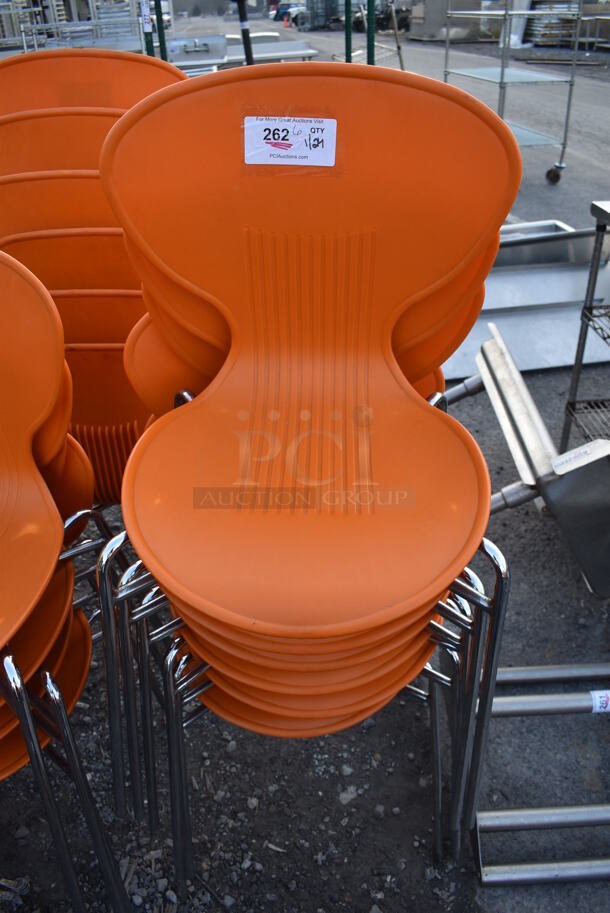 6 Dining Chairs w/ Orange Seat on Metal Legs. 20x20x32. 6 Times Your Bid! - Image 1 of 3