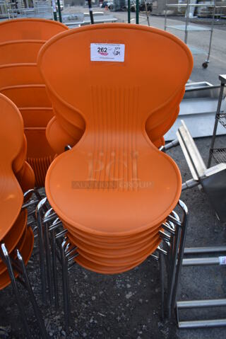 6 Dining Chairs w/ Orange Seat on Metal Legs. 20x20x32. 6 Times Your Bid!