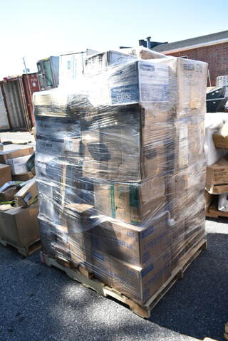 PALLET LOT of 31 BRAND NEW Boxes Including 966UPWIDEKFT-500 OneUp by Choice Kraft 2-Ply Wide Interfold 6 1/2" x 8 1/2" Dispenser Napkin - 6000/Case, 127SB32COMBO Choice 32 oz. Clear Plastic Salad Bowl with Lid - 150/Case, 347TCL9 Choice 9 oz. Clear Disposable Plastic Tumbler - 500/Case, 130BKFKSH Choice Black Heavy Weight Wrapped Plastic Cutlery Pack - 500/Case, 347SLWG8 Visions 8 oz. Heavy Weight Clear Plastic Stemless Wine Glass - 64/Case, 127RDTFLBULK Choice Microwavable Translucent Customizable Recessed Fit Deli Lid - 500/Case, 500LFLAT32 Choice Clear Plastic Flat Lid with Straw Slot - 32 oz. - 500/Case, 5014046XXH Lavex Pro 45 Gallon 3 Mil 40" x 46" Low Density Heavy-Duty Industrial Contractor Black Trash Bag / Can Liner - 50/Case, 394325M Noble NexGen Powder-Free Disposable Blue Hybrid 3 Mil Thick Gloves - Medium - 1000/Case, 500TO993C3 Choice 9" x 9" x 3" Microwaveable 3-Compartment Black / Clear Plastic Hinged Container - 100/Case, 395OP EcoChoice Compostable Sugarcane / Bagasse 10" x 12 1/2" Oval Platter - 500/Case, 500CFT White Premium C-Fold Towel - 2200/Case, 128HD16COMBO Choice Heavy Duty 16 oz. Microwavable Translucent Plastic Deli Container and Lid Combo Pack - 240/Case, 2 Box 760PCC07W Choice 7 oz. White Poly Paper Cold Cup - 2000/Case, 128HD8COMBO Choice Heavy Duty 8 oz. Microwavable Translucent Plastic Deli Container and Lid Combo Pack - 240/Case, 128HD16COMBO ChoiceHD 16 oz. Microwavable Translucent Plastic Deli Container and Lid Combo Pack - 240/Case, 500LDOMEW Choice 9 oz., 12 oz., 16 oz., 20 oz., 24 oz. Clear PET Dome Lid with 2" Hole - 1000/Case, 500TW7 Choice 7 oz. Translucent Thin Wall Plastic Cold Cup - 2500/Case. 31 Times Your Bid! 