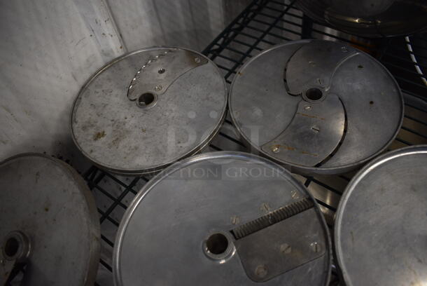 7 Various Robot Coupe Metal Food Processor Blades w/ Rack. Includes WA 5/32" GA 4, E/S 3-1/8", BR 1/8" BR 3x3, BR 5/32" BR 4x4, BR 5/64" BR 2x2. Goes GREAT w/ Lots 33 and 56! 7.5x7.5x3. 7 Times Your Bid! - Image 9 of 12
