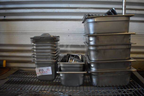 ALL ONE MONEY! Lot of 24 Various Stainless Steel Drop In Bins and 11 Lids. Includes 1/6x6, 1/2x4, 1/3x4