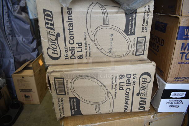 PALLET LOT of 34 BRAND NEW Boxes Including 105GC36321 Choice 1 Part Green and White Guest Check with Bottom Guest Receipt - 50/Case, 176WDBASE Acopa Wood Stand for Glass Beverage Dispensers, 2 Box 394365L Noble Large Gloves, 3 Box 128HD16COMBO ChoiceHD 16 oz. Microwavable Translucent Plastic Deli Container and Lid Combo Pack - 240/Case, 500TW7 Choice 7 oz. Translucent Thin Wall Plastic Cold Cup - 2500/Case, 760PCC03W Choice 3 oz. White Poly Paper Cold Cup - 5000/Case, 2 Box 500MFT Lavex White M-Fold (Multifold) Towel - 4000/Case, 177KNIFESHRP Galaxy KNIFESHRP 2-Stage Standard-Duty Electric Knife Sharpener, 127CH24 Choice 24 oz. Clear RPET Hinged Deli Container - 200/Case, 500CC10 Choice 10 oz. Clear PET Plastic Cold Cup - 1000/Case, 322UF4911 Noble Products 3" Use First Removable Round Label with Dispenser Carton - 500/Roll, 129MCS38B Choice 38 oz. Black Rectangular Microwavable Heavy Weight Container with Lid 8 3/4" x 6 1/4" x 2" - 150/Case, 347RPBD9WHSV Visions 9" White Plastic Plate with Silver Bands - 120/Case, 394345XL Noble NexGen Powder-Free Disposable Black Hybrid 3 Mil Thick Gloves - 1000/Case. 34 Times Your Bid!  - Image 6 of 12