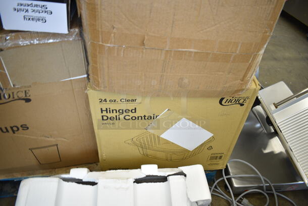 PALLET LOT of 34 BRAND NEW Boxes Including 105GC36321 Choice 1 Part Green and White Guest Check with Bottom Guest Receipt - 50/Case, 176WDBASE Acopa Wood Stand for Glass Beverage Dispensers, 2 Box 394365L Noble Large Gloves, 3 Box 128HD16COMBO ChoiceHD 16 oz. Microwavable Translucent Plastic Deli Container and Lid Combo Pack - 240/Case, 500TW7 Choice 7 oz. Translucent Thin Wall Plastic Cold Cup - 2500/Case, 760PCC03W Choice 3 oz. White Poly Paper Cold Cup - 5000/Case, 2 Box 500MFT Lavex White M-Fold (Multifold) Towel - 4000/Case, 177KNIFESHRP Galaxy KNIFESHRP 2-Stage Standard-Duty Electric Knife Sharpener, 127CH24 Choice 24 oz. Clear RPET Hinged Deli Container - 200/Case, 500CC10 Choice 10 oz. Clear PET Plastic Cold Cup - 1000/Case, 322UF4911 Noble Products 3" Use First Removable Round Label with Dispenser Carton - 500/Roll, 129MCS38B Choice 38 oz. Black Rectangular Microwavable Heavy Weight Container with Lid 8 3/4" x 6 1/4" x 2" - 150/Case, 347RPBD9WHSV Visions 9" White Plastic Plate with Silver Bands - 120/Case, 394345XL Noble NexGen Powder-Free Disposable Black Hybrid 3 Mil Thick Gloves - 1000/Case. 34 Times Your Bid!  - Image 8 of 12