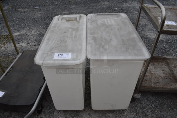2 White Poly Ingredient Bins w/ Clear Lids on Commercial Casters. 12.5x29x28, 15.5x29x28. 2 Times Your Bid!