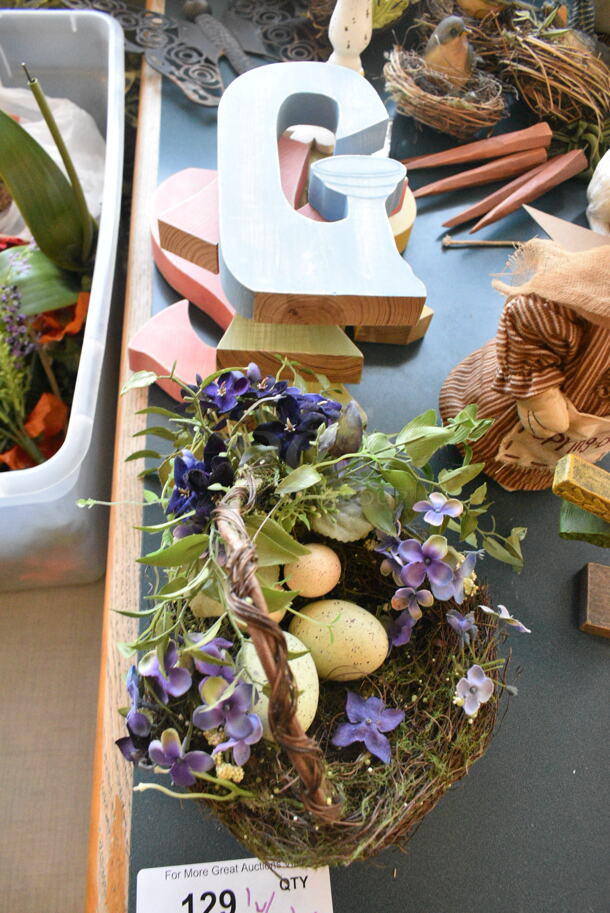 Wall Mount Table w/ Contents Including Spring Decor. BUYER MUST REMOVE: Bring Tools and Manpower Needed To Remove This Item. (booth room)  - Image 5 of 8