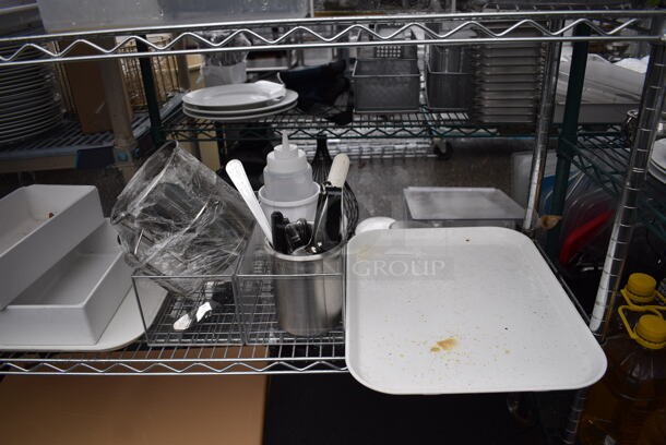 ALL ONE MONEY! Lot of 5 Tiers of Various Smallwares Including White Ceramic Plates, Scale, Utensils, Cutting Boards, Cash Drawers. Does Not Include Shelving Unit - Image 7 of 9