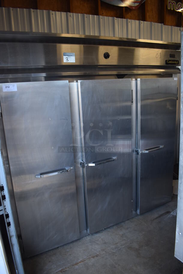 Continental Stainless Steel Commercial 3 Door Reach In Warmer. 78x34x78. Cannot Test - Unit Needs New Power Cord