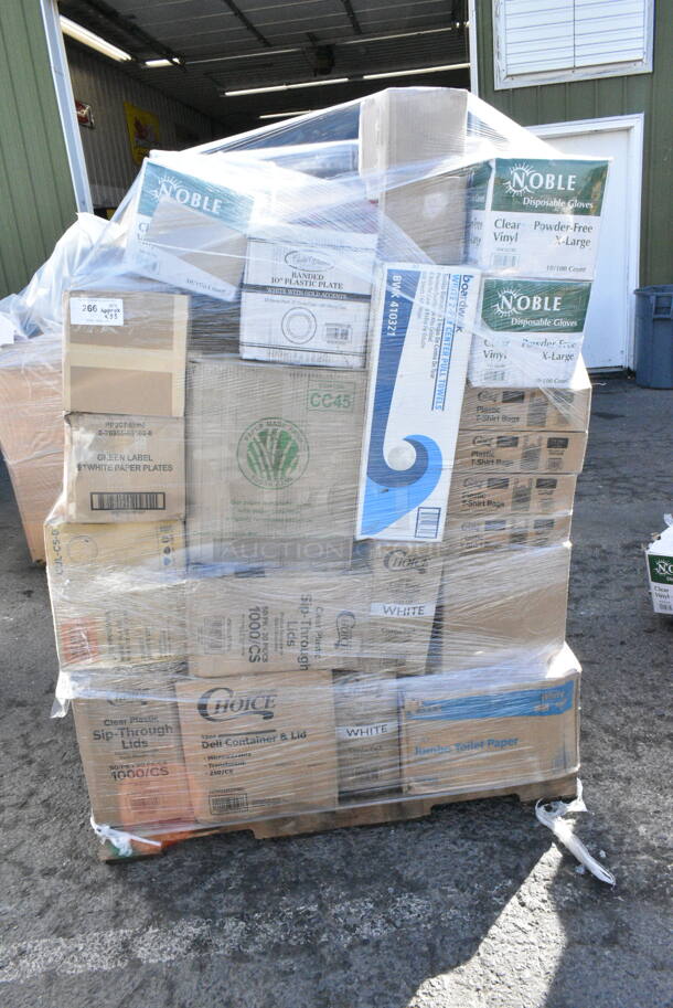 55 BRAND NEW Boxes Including 3 Box 394365XL Noble Products Powder-Free Disposable Clear Vinyl Gloves for Foodservice - Extra Large - 1000/Case, 347RPBD10WHG Visions 10" White Plastic Plate with Gold Bands - 120/Case, 500LSTRWL Choice 9, 12, 16, 20, and 24 oz. Clear Sip-Through Lid with Extra-Wide Opening - 1000/Case, 127RD32COMBO Choice 32 oz. Customizable Microwavable Clear Round Deli Container and Lid Combo Pack - 250/Case, 129MCR16W Choice 16 oz. White 6 1/4" Round Microwavable Heavy Weight Container with Lid - 150/Case, 4 Box 433NHT109 Choice 1/6 Standard Size Beige "Thank You" Script Heavy-Duty Plastic T-Shirt Bag - 600/Case, 394365S Noble Products Powder-Free Disposable Clear Vinyl Gloves for Foodservice - Small - 1000/Case, 394345L Noble NexGen Powder-Free Disposable Black Hybrid 3 Mil Thick Gloves - Large - 1000/Case, 5 Box 5002BNAPBLK Choice Black 2-Ply Customizable Beverage / Cocktail Napkin - 1000/Case, 1501405NAT Choice 2 3/4" x 10" Kraft Disposable Silverware / Bakery / Churro Bag - 2000/Case, 500LSTRWL Choice 9, 12, 16, 20, and 24 oz. Clear Strawless / Sip Lid - 1000/Case. 55 Times Your Bid!  - Image 1 of 12