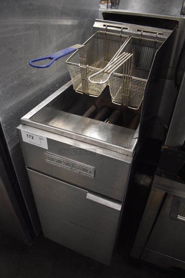 American Range Stainless Steel Commercial Floor Style Natural Gas Powered Deep Fat Fryer w/ 2 Metal Fry Baskets and Right Side Splash Guard. 15.5x30x47 - Image 2 of 6