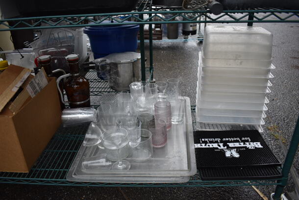 ALL ONE MONEY! Lot of Green Finish 4 Tier Shelving Unit on Commercial Casters w/ All Contents Including Glasses, Poly Bins, Bar Mats. BUYER MUST DISMANTLE. PCI CANNOT DISMANTLE FOR SHIPPING. PLEASE CONSIDER FREIGHT CHARGES. 60x24x80 - Image 9 of 10