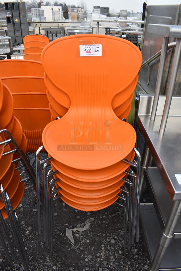 6 Dining Chairs w/ Orange Seat on Metal Legs. 20x20x32. 6 Times Your Bid!