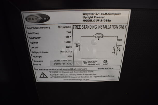 BRAND NEW SCRATCH AND DENT! Whynter CUF-210SSa Stainless Steel Mini Freezer. 115 Volts, 1 Phase. 17.5x20x27.5. Tested and Working! - Image 5 of 5