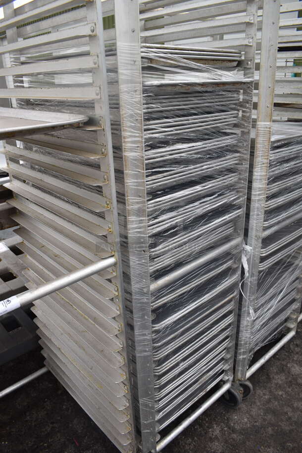 Metal Commercial Pan Transport Rack  w/ 55 Full Size Metal Baking Pans on Commercial Casters. 21x27x70 - Image 2 of 3
