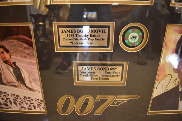 Framed Collage of 5 Autographed James Bonds Actors Including Sean Connery, Roger Moore, Timothy Dalton, Pierce Brosnan, and George Lazenby. Certificate of Authenticity is Attached To Back of Frame. - Image 7 of 9