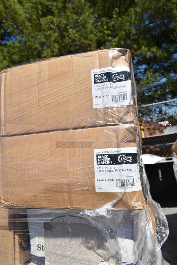 PALLET LOT of 44 BRAND NEW Boxes Including 2 Box 5002DNAPBLK Choice 15" x 17" Black Customizable 2-Ply Paper Dinner Napkin - 1000/Case, 795PTOWHT4 Choice White Microwavable Folded Paper #4 Take-Out Container 7 3/4" x 5 1/2" x 3 1/2" - 160/Case, 347SLWG16 Visions 16 oz. Heavy Weight Clear Plastic Stemless Wine Glass - 64/Case, 2 Box 5002CPTE Lavex 2-Ply White Center Pull Paper Towel 510' Roll - 6/Case, 433NHT004 Choice 1/5 Large Size White Heavy-Duty Unprinted Plastic T-Shirt Bag - 500/Case, 2 Box 395SP06PF EcoChoice No PFAS Added 6" x 6" Natural Bagasse Blend Square Plate - 400/Case, Bakers Lane Pie Pan, 2 Box 500PMGREEKGD Choice 10" x 14" Greek Key Gold Placemat - 1000/Case, 612W45 Choice 10 3/4" x 14" Insulated Foil Sandwich Wrap Sheets - 2000/Case, 128HDLDBULK ChoiceHD Microwavable Translucent Plastic Deli Container Lid - 480/Case, 795KFT44RNPLA EcoChoice 44 oz. Round Kraft Bio-Lined Compostable Take-Out Container 2 5/8" x 7 5/16" - 300/Case. 44 Times Your Bid!  - Image 2 of 12