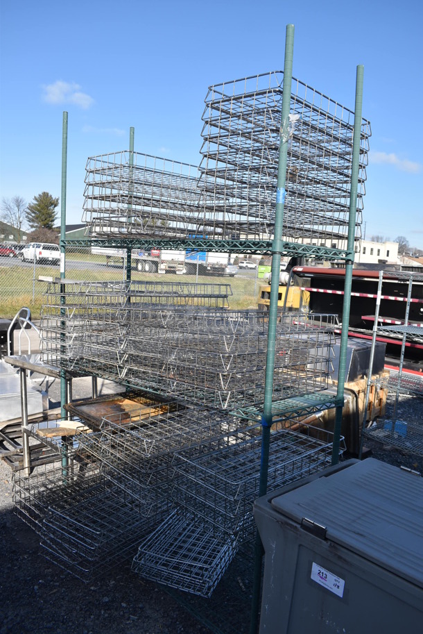 Green Finish 4 Tier Wire Shelving Unit w/ Metal Wire Baskets on Commercial Casters. BUYER MUST DISMANTLE. PCI CANNOT DISMANTLE FOR SHIPPING. PLEASE CONSIDER FREIGHT CHARGES. 60x18x93 - Image 1 of 4