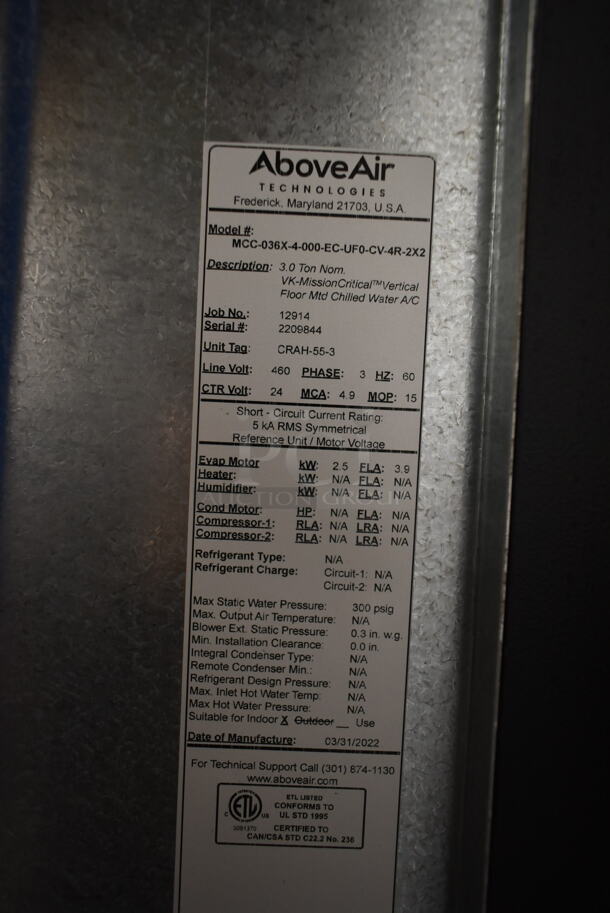 BRAND NEW SCRATCH AND DENT! Above Air MCC-036X-4-000-EC-UF0-CV-4R-2X2 Metal Commercial Vertical Floor Mounted Water Chiller. Goes Great w/ Lots 159 and 160! 460 Volts, 3 Phase.  - Image 8 of 10